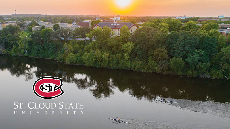SCSU logo on image of students rowing on river