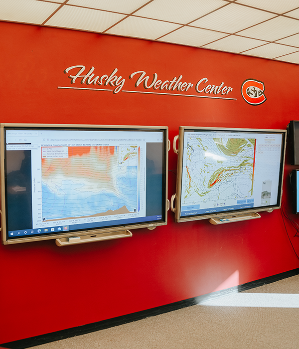 Weather Center feature wall with monitors