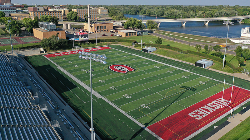 Aerial view of stadium field and seating