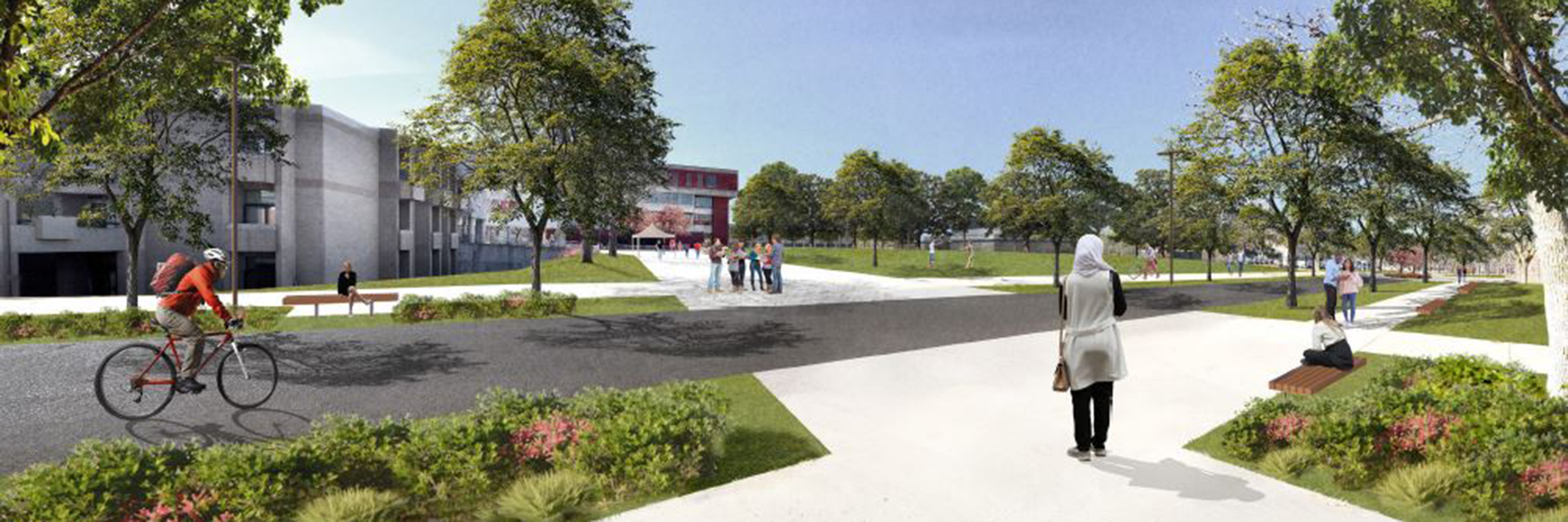 Artist rendering of students crossing street with nice landscaping