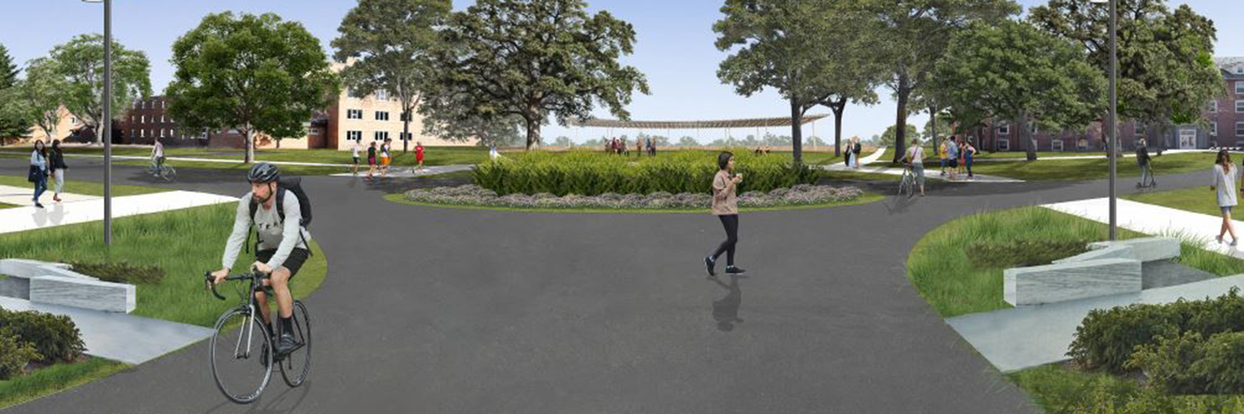 Artist rendering of students on campus with green space