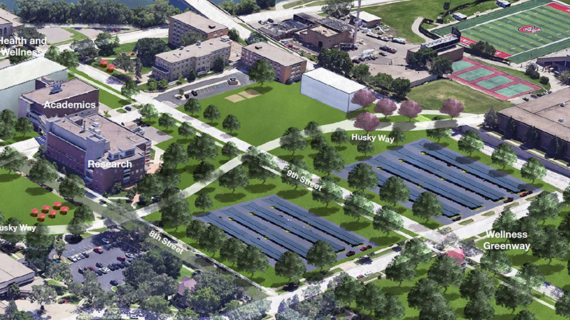 Rendering of solar panels on new parking lot