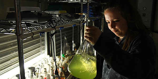 Student holding a large flask with bright green liquid inside