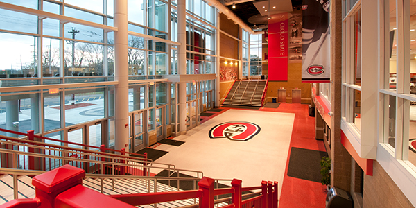 Empty atrium/lobby of the Herb Brooks National Hockey Center