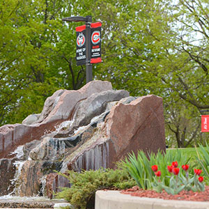 a view of the campus waterfall located near the Administrative Services building