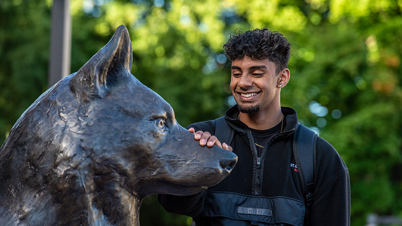 Student rubbing the nose of a large husky statue