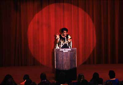 Author Maya Angelou speaks at the Atwood Memorial Center (1966) ballroom on February 4, 1991