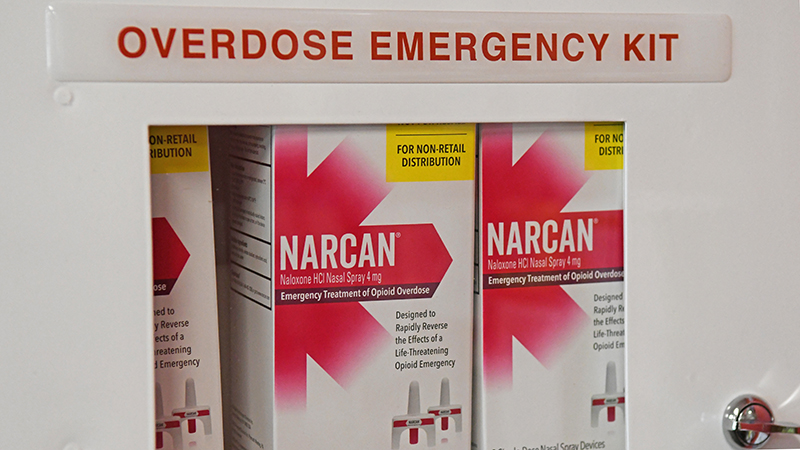 Several boxes of Narcan in cabinet