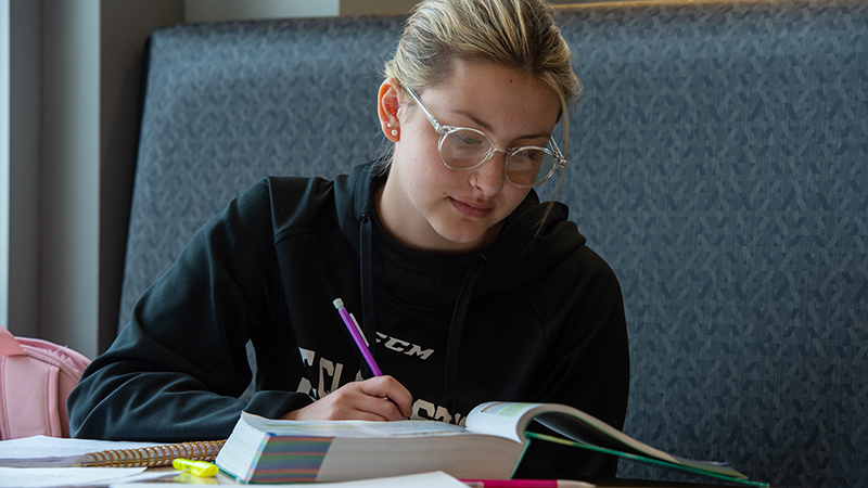 Student seated at table with books studying