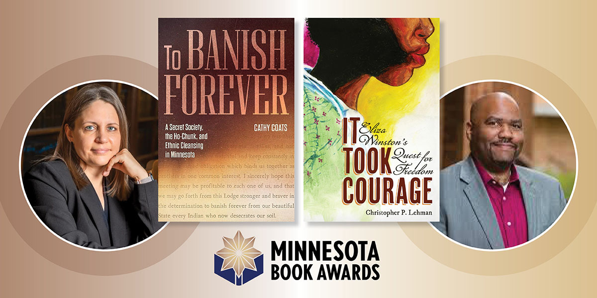 A graphic features a man and woman along with two books