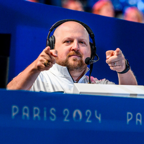 Jason Bryant points to the camera at the Paris 2024 Olympics